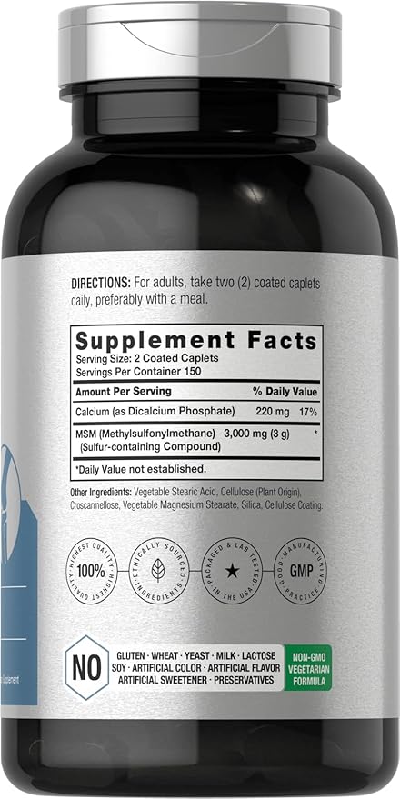 Horbäach MSM Supplement | 3000mg | 300 Coated Caplets | Methylsulfonylmethane with Calcium | Vegetarian Non-GMO Gluten Free