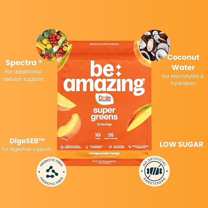 BE AMAZING Super Greens Powder with Prebiotics Digestive Enzymes &amp Antioxidants 35 Fruits &amp Veggies Electrolytes &amp Fiber Vegan Gluten Free Juice &amp Smoothie Mix Dole Orange Peach