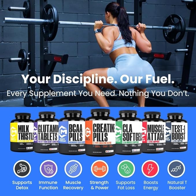 Crazy Muscle ThreeAtine Creatine Monohydrate Pills 5g Pure 3X Formula for Muscle Support &amp Training Performance - High Absorption Pre Workout Supplement for Men &amp Women Fitness 30 Servings