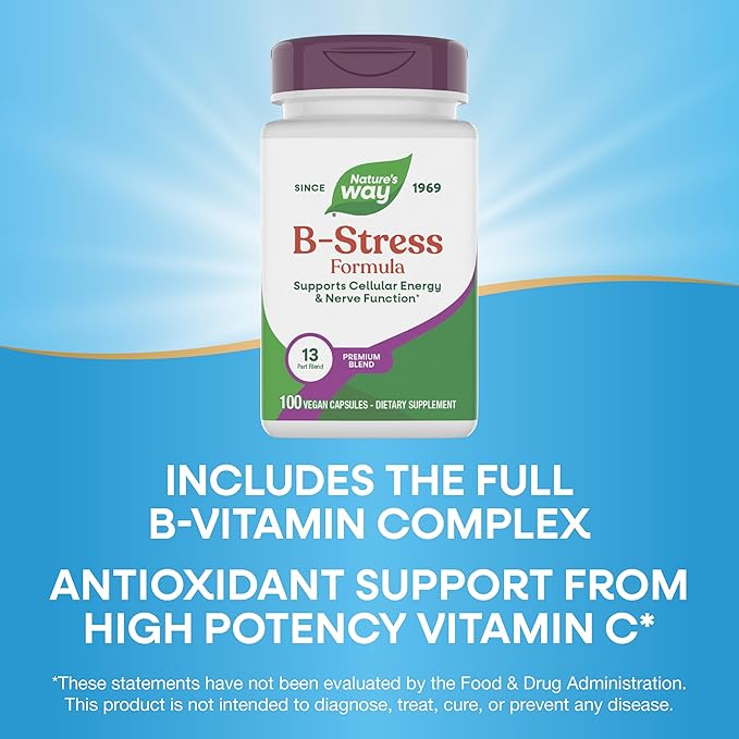 Nature's Way B-Stress Formula Supports Cellular Energy &amp Nerve Function* With Vitamins C B12 Vitamin B6 &amp More Gluten Free 100 Vegan Capsules (Packaging May Vary)