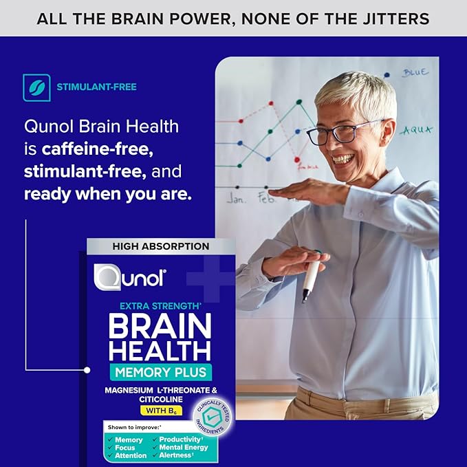 Qunol Brain Health Memory Plus with B6 Magnesium L-Threonate &amp Citicoline Clinically Tested Ingredients to Improve Memory Focus Attention and Productivity 60 Count (Pack of 1)