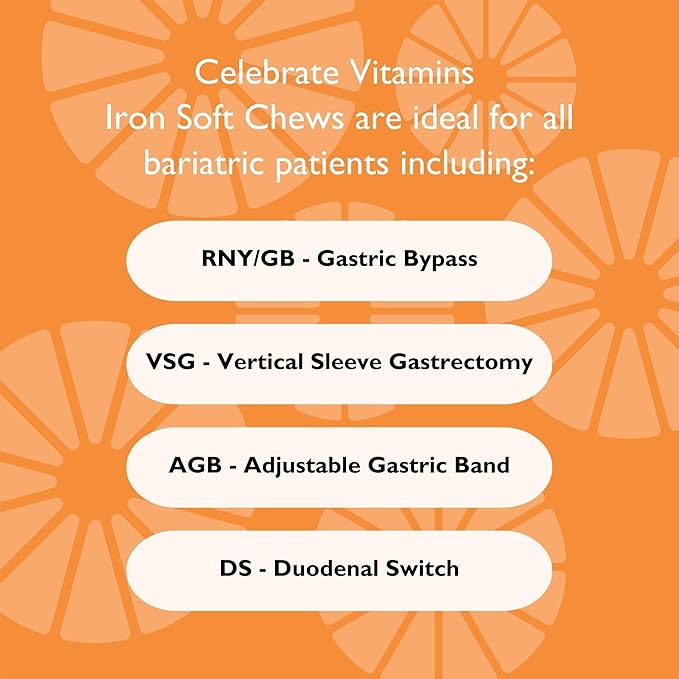 Celebrate Vitamins Iron Supplement with 60mg Iron &amp Vitamin C – Citrus Chewables for Bariatric Patients Gastric Bypass &amp Sleeve Gastrectomy Support – 30 Tablets for Post-Surgery Health Mainte