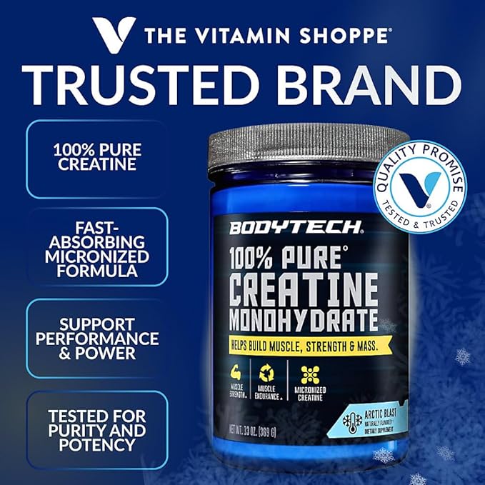 BodyTech 100% Pure Creatine Monohydrate Powder - Micronized for Maximum Absorption - Supports Muscle Strength &amp Power Output - Arctic Blast (13 oz 55 Servings)