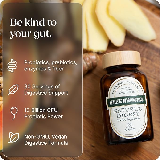 Greenworks Nature's Digest Gut Health Supplement Digestive Enzymes with Soil-Based Probiotics &amp Prebiotics Supports Digestion Bloating &amp Regularity Non-GMO Vegan Shelf-Stable Capsules 60