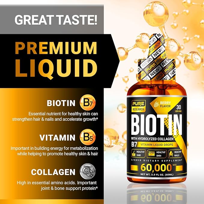 PURE RESEARCH Liquid Biotin &amp Collagen Hair Growth Drops 60000mcg – Biotin and Liquid Collagen Supplements for Women &amp Men – Supports Glowing Skin Healthy Hair &amp Nail Growth (2Fl Oz)
