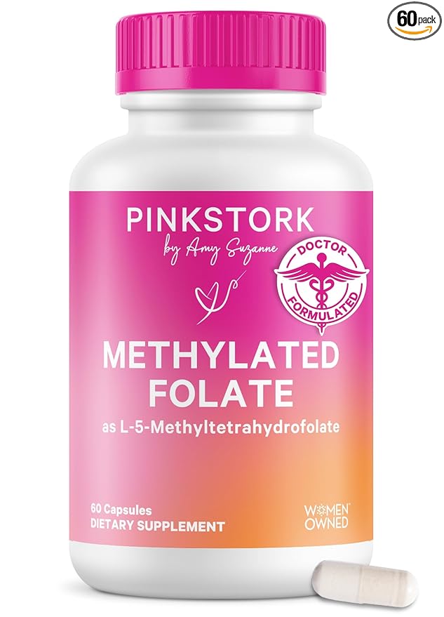 Pink Stork Folate: Methyl Folate - MTHFR Acid Natural Form of Folic Acid for Pregnancy Formulated for Mom + Baby Women-Owned 60 Capsules (Packaging May Vary)
