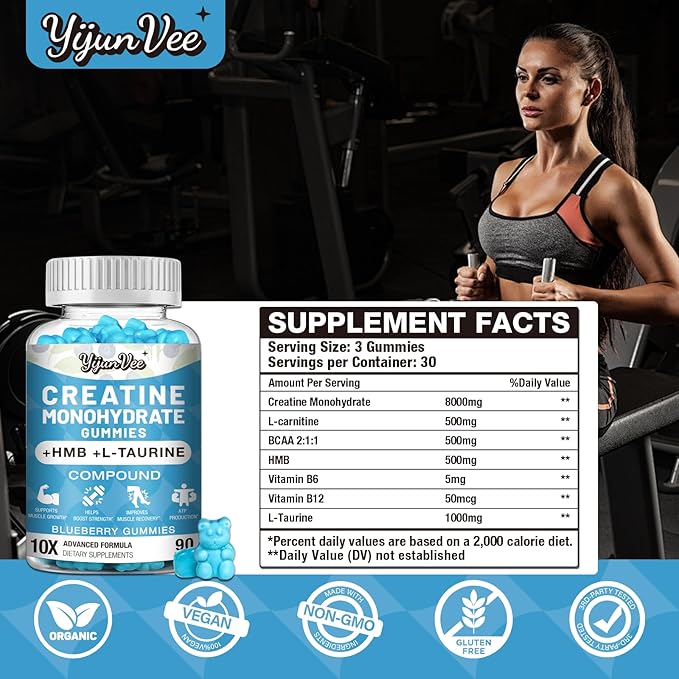 8000MG Creatine HMB Monohydrate Gummies for Men &amp Women - L-CarnitineL-Taurine &amp Vitamin B6 1210X Absorption8 Gram of Creatine Monohydrate per Serving Blueberry Flavor Gummy180 Counts