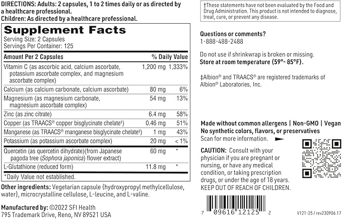 SFI Health Klaire Labs Buffered Vitamin C Capsules with Quercetin Bioflavonoids &amp L-Glutathione to Support Immune Function &amp Antioxidant Protection - Hypoallergenic &amp Gentle on Stomach (25