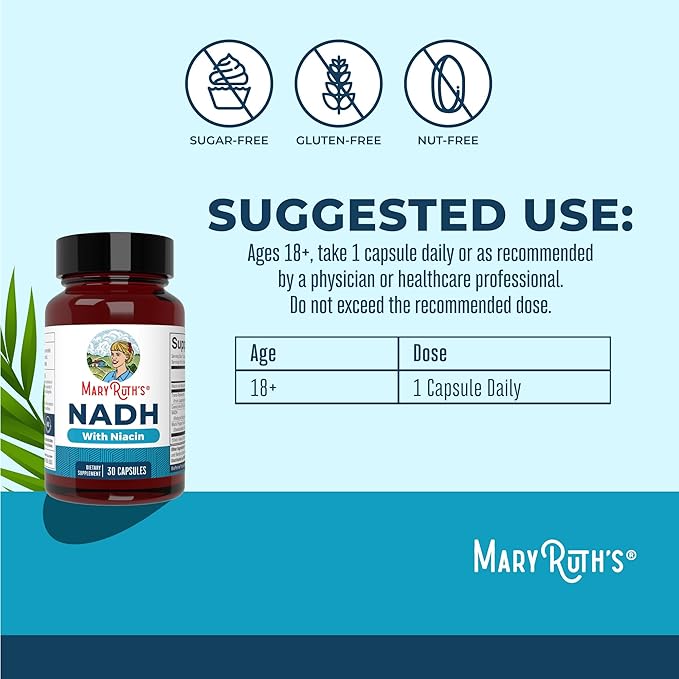 MARYRUTH'S NADH Capsules | Niacin | NAD+ Precursor | Trans-Resveratrol | CoQ10 | Cellular Energy | Energy Metabolism | Cognitive Function | Vegan | Gluten-Free | 1 Capsule Daily | 30 Servings