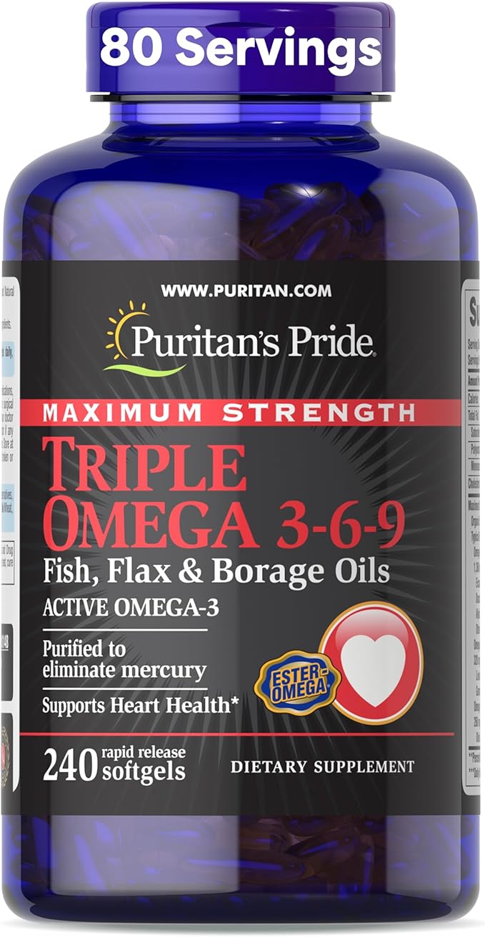 Puritan's Pride Premium Maximum Strength Triple Active Omega 3-6-9 Fish Flax and Borage Oils Dietary Supplement for Heart Joint and Cellular Health Support 240 Rapid Release Softgels