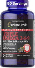 Puritan's Pride Premium Maximum Strength Triple Active Omega 3-6-9 Fish Flax and Borage Oils Dietary Supplement for Heart Joint and Cellular Health Support 240 Rapid Release Softgels