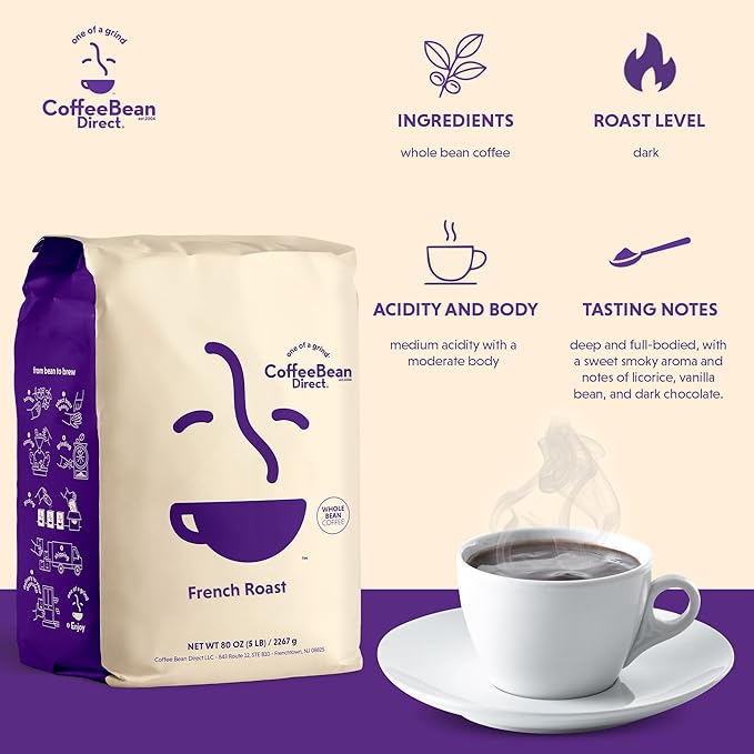 Coffee Bean Direct French Roast Whole Bean Coffee Bold Flavor Dark Roast 5 Pound Bag (Pack of 1)