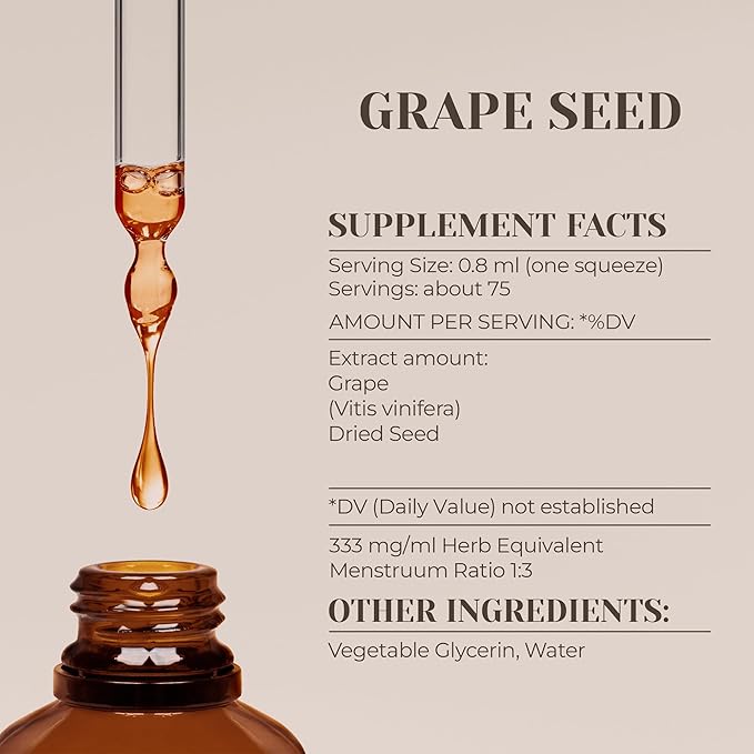 Grape Seed Alcohol-Free Natural Tincture Extract Immune System Booster Liquid Drops Made from 100% Grape (Vitis vinifera) Dried Seed (2 fl oz)
