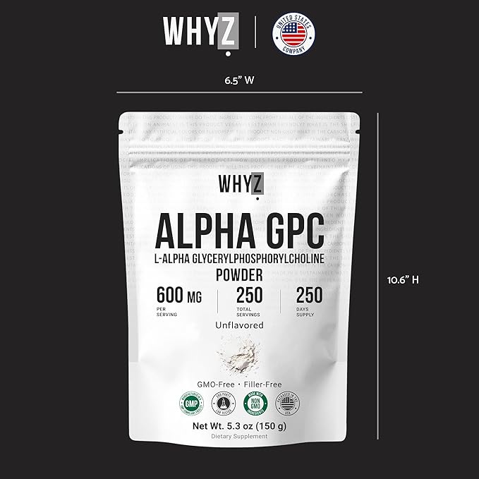 Alpha GPC Powder Alpha-Phosphorylcholine Choline Supplement Unflavored Fine Powder for Smooth Mixing Non-GMO Vegan Additive-Free Gluten-Free 150g (5.3 oz)