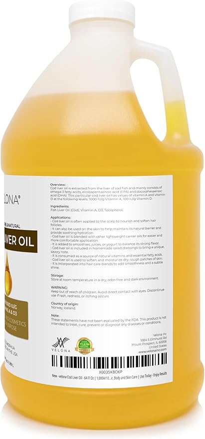 velona Cod Liver Oil - 64 Fl Oz | 1000A/100D IU/g Omega 3 Vitamins A &amp D3 | Norwegian Arctic Sustainably Sourced Nordic Oil | Hair Body and Skin Care | Use Today - Enjoy Results