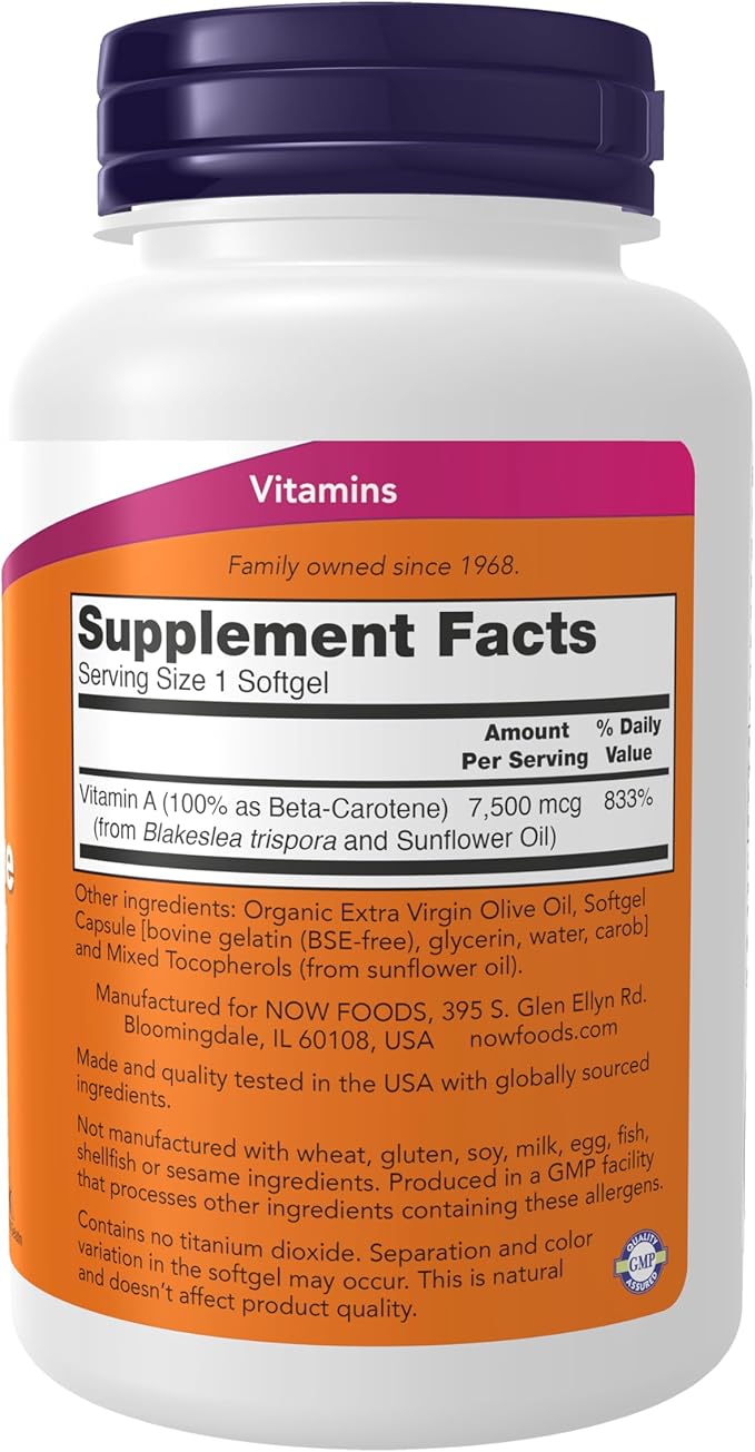 NOW Foods Supplements Natural Beta Carotene 25000 IU Essential Nutrition 180 Softgels