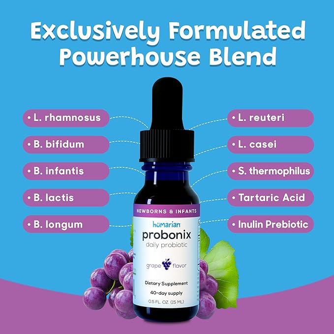 Humarian Probonix for Newborns and Infants 0-12 Months - High Bioavailability Liquid Probiotics - 8-Strain Baby Probiotic Drops for Gas Colic Lactose Intolerance &amp More - 40-Day Supply Grape Fl