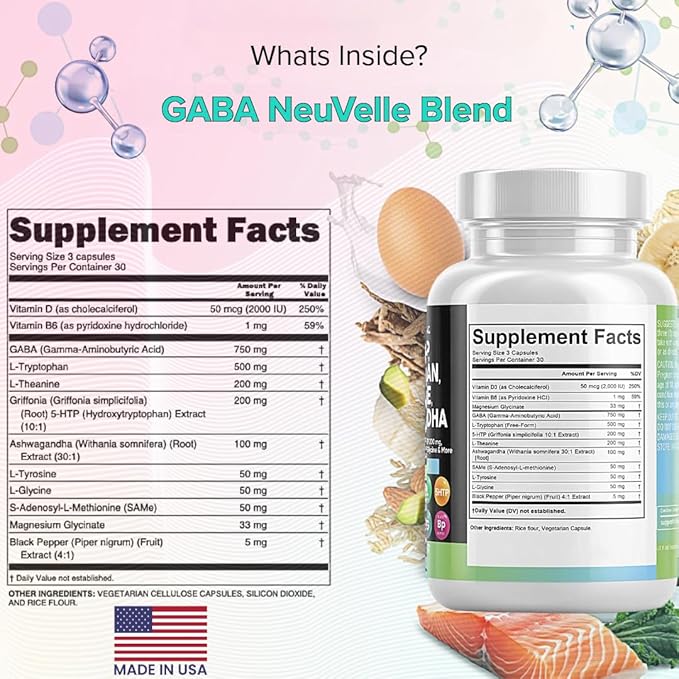 GABA Pills with 5-HTP Extract L-Tryptophan L-Theanine Ashwagandha Vitamins D3 B6 Magnesium L-Tyrosine L-Glycine Sam-e &amp Black Pepper Mood Support Supplement