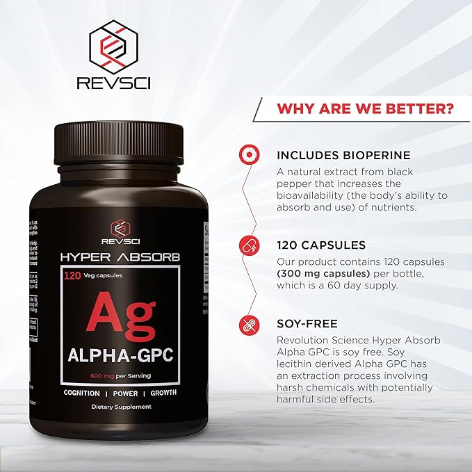 Alpha GPC Supplement &amp BioPerine for Hyper Absorption - 120 Count Alpha-GPC 600mg per Serving - Nootropics for Memory Focus Energy &amp Drive - Choline Supplements to Boost Acetylcholine Mad