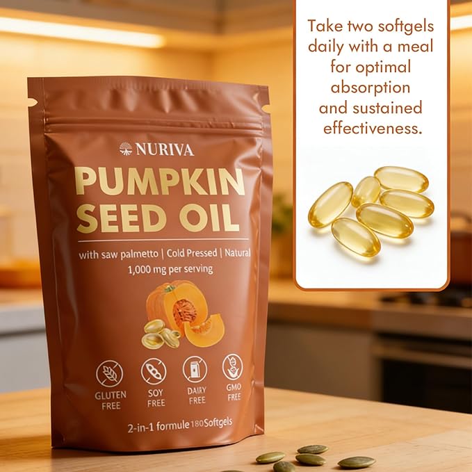 NURIVA Pumpkin Seed Oil with Saw Palmetto – Cold Pressed Pure Virgin Oil Rich in Essential Fatty Acids &amp Phytosterols – Supports Hair Urinary &amp Prostate Health – Non-GMO 100% Natural(1pc)