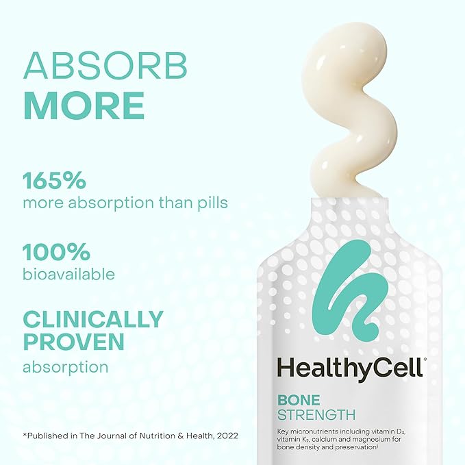 Healthycell Bone Strength Liquid Supplement - Bone Health Supplement with Calcium Magnesium Vitamin D3 &amp Vitamin K2 for Bone Density &amp Preservation - 30 Gel Packs Tropical Flavored