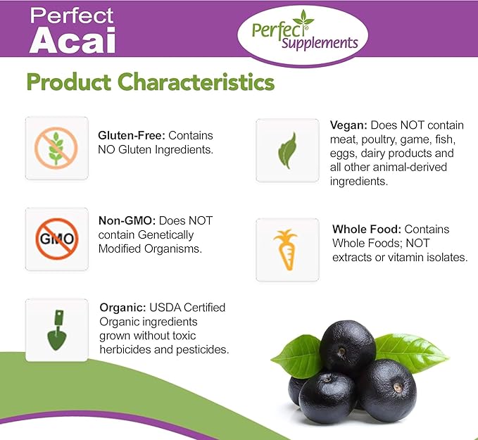 Perfect Supplements – Organically Grown Perfect Acai - Freeze-Dried Acai Supplement– 120 Vegetable Capsules