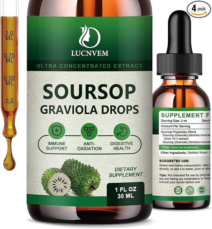 Soursop Graviola Bitters Liquid Drops Soursop Extract Organic Pure Rich in Multivitamin for Natural Antioxidant Cell Support &amp Regeneration Immune Boost 4 Fl OZ - 60 Day Vegan Supply
