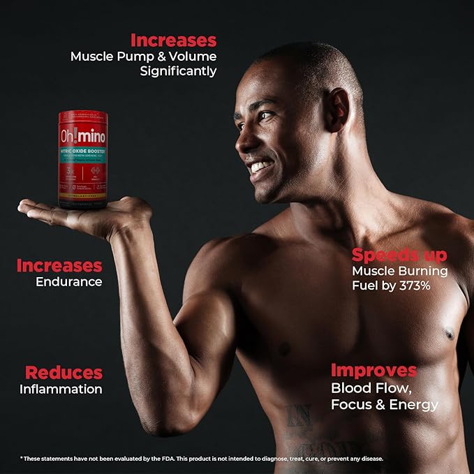 Oh!mino L-Arginine Nitric Oxide Supplement - Blood Flow Supplement Nitric Oxide Booster w/Beetroot Powder for Energy Focus Endurance Muscle Building - Pre &amp Post Workout (120-Count 30 Serving