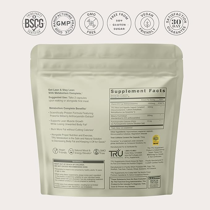 TRU Supplements Metabolism Advanced Fat Loss Fight Cravings Boost Mood No Jitters or Crash 30 Servings