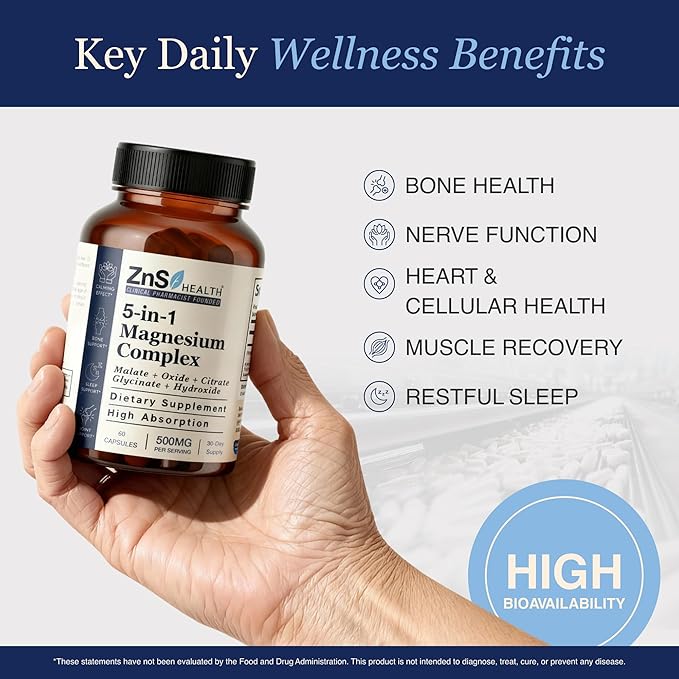 Spectrum 5 Magnesium Complex for Women &amp Men – 5 Magnesium Complex Supplement with Glycinate Malate Citrate &amp Hydroxide for Sleep Muscle Recovery &amp Calm – 500mg Vegan – 60 Capsules