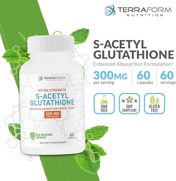 TerraForm Nutrition Extra Strength S-Acetyl Glutathione 300mg – 60 Acid-Resistant Capsules - Premium Glutathione Supplement - Highly Bioavailable &amp Stable Form SAG Supplement – Made in USA