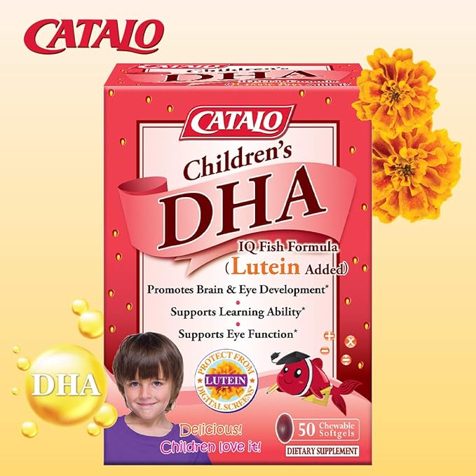 CATALO Children’s DHA IQ Formula with Lutein from Marigold Extract - Omega 3 for Kids Yummy Strawberry Flavored Chewable Softgels with 200 mg of DHA and 42 mg of EPA - Made in USA