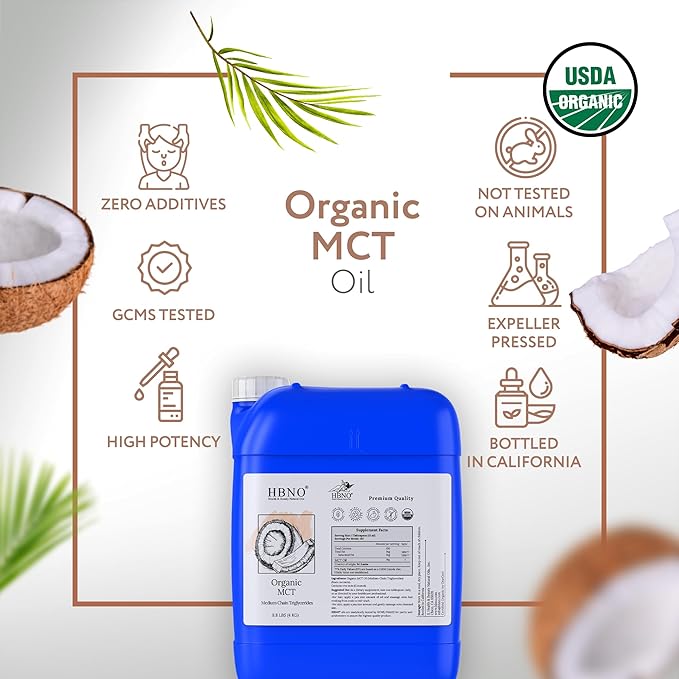 HBNO Organic MCT Oil - 8.8 lbs (4kg) - Ideal for Salad dressings Lip balms Face wash Lotions Skincare and hair care products.