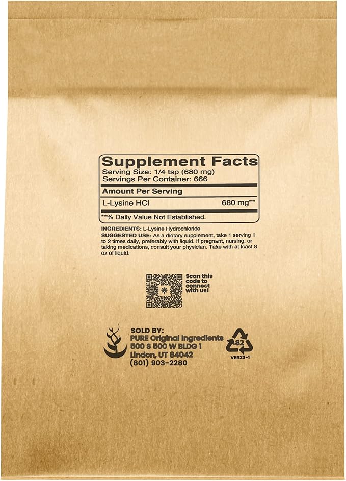 PURE ORIGINAL INGREDIENTS L-Lysine HCI and Vitamn C Powder Bundle 1 lb Each Non-GMO Gluten Free Dietary Supplements