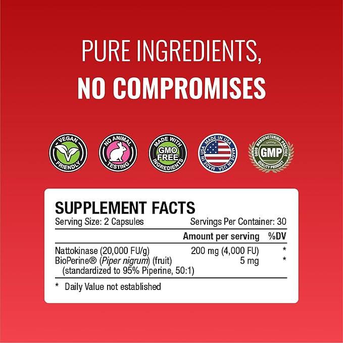 Approved Science Nattokinase - 4000 FU - 200 mg - Free of Vitamin K2 - Contains BioPerine - One Month Supply - Vegan Non-GMO - 180 Capsules
