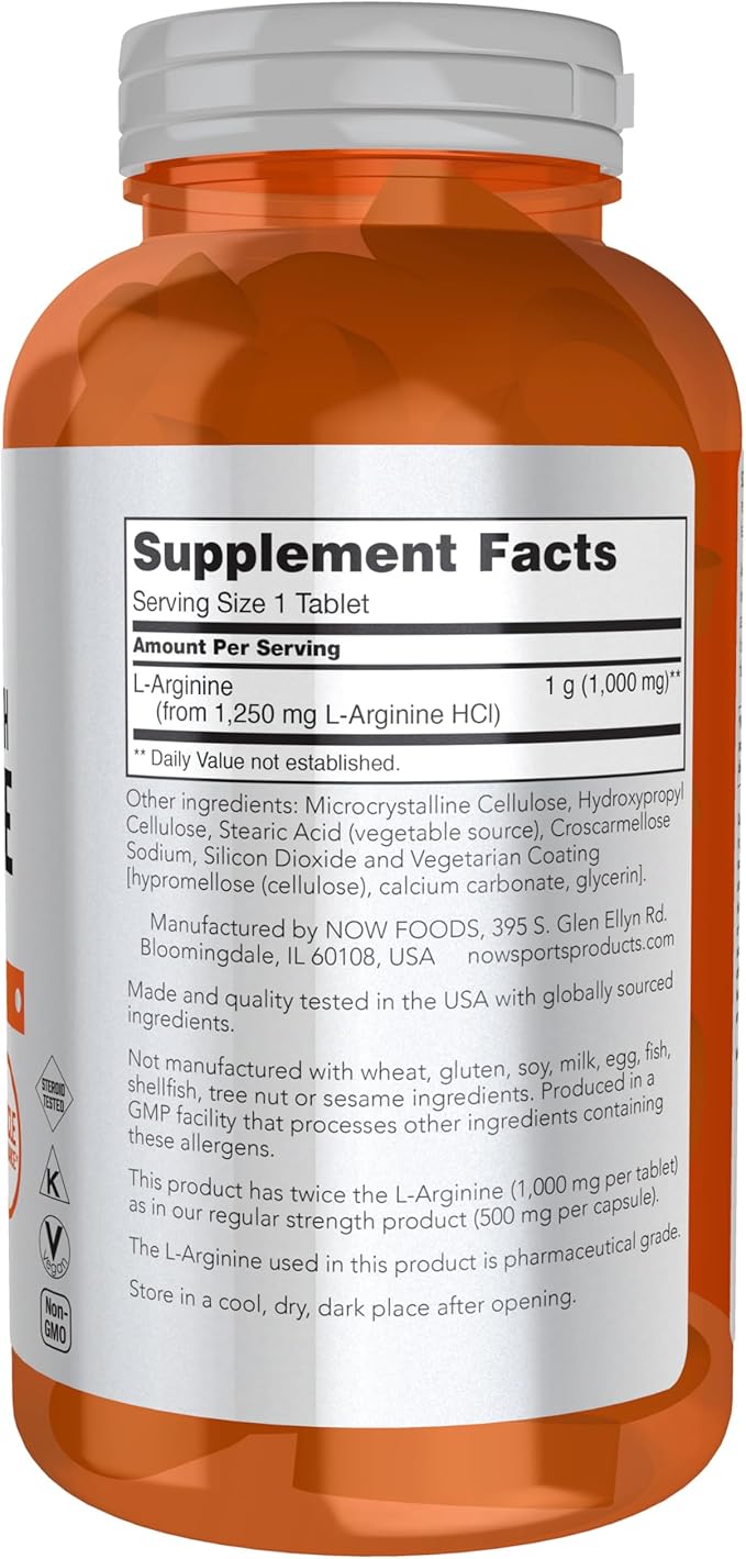 Now Foods Sports Nutrition L-Arginine Double Strength 1000mg Nitric Oxide Precursor Amino Acids 180 Tablets