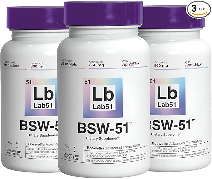 Lab51 BSW-51 Joint Support Supplement 3 Pack with Boswellia AprèsFlex® Hyaluronic Acid and Piperine – 90 Capsules 860 mg Each Supports Mobility and Natural Joint Function