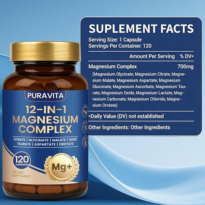 Puravita Magnesium Complex - Puravita 12 in 1 Magnesium Supplement with Glycinate Citrate Malate Oxide Taurat &amp More for Muscle Nerve &amp Sleep Support 120 Count