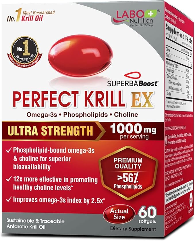 LABO Nutrition Perfect Krill EX 1000mg Antarctic Krill Oil Omega 3 EPA DHA Highest Phospholipids (Over 56%) with Choline Astaxanthin | Heart Brain Eye Joint Health Made in USA 60 softgels