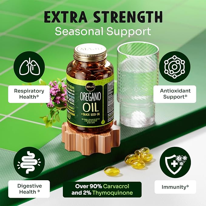 MAJU Oregano Capsules w/Black Seed Oil 2-in-1 Softgel Oil of Oregano Potent 90%+ Carvacrol High Thymoquinone 60 Count 500mg per Serving Wild Oregano and Black Seeds
