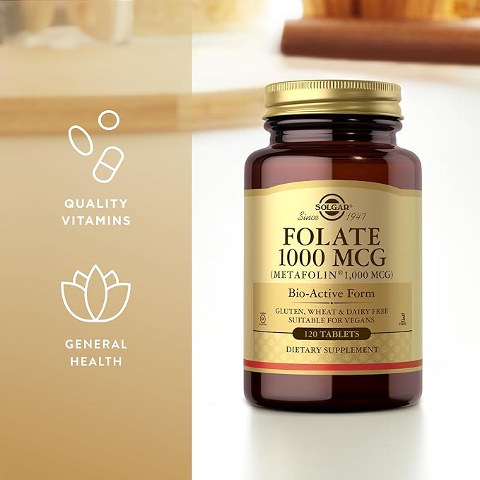 Solgar Folate 1000 mcg - 120 Tablets - 1000 mcg Bio-Active Metafolin - Vegan Gluten Free Dairy Free Kosher - 120 Servings