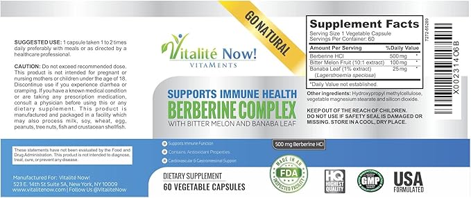 Vitalité Now! High Strength Berberine 500mg + Bitter Melon &amp Banaba - Immune System Health - Cardiovascular &amp Gastrointestinal Support - 60 Vegetarian Capsules