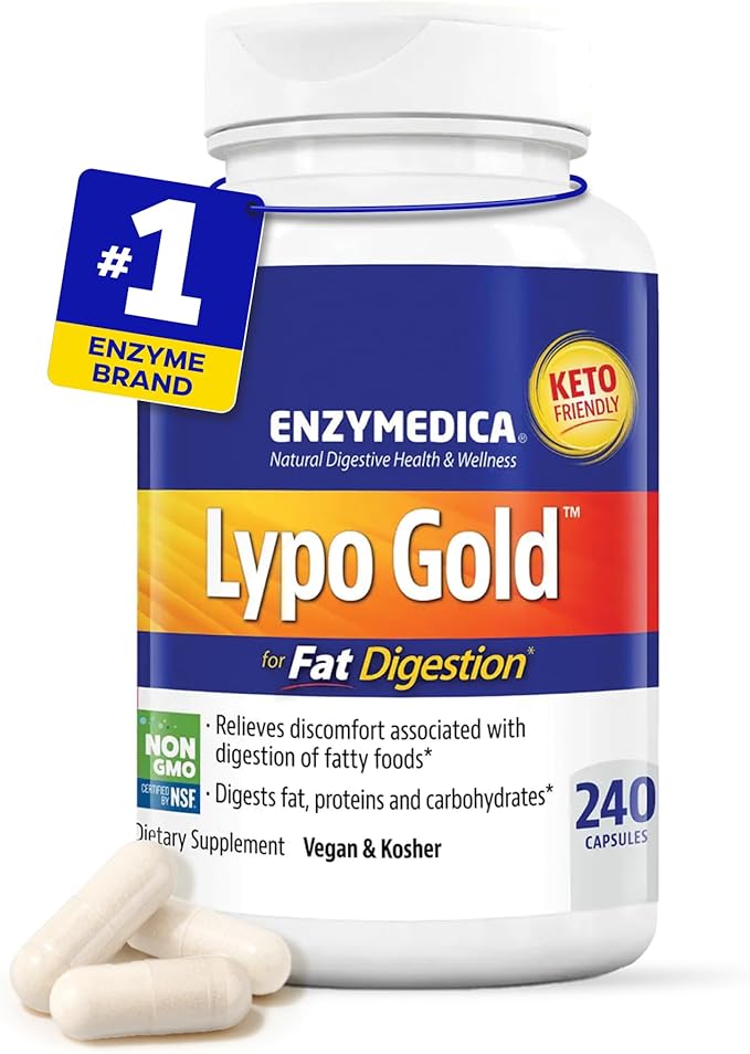 Enzymedica Lypo Gold - Protease Amylase &amp Lipase Digestive Enzymes for Women &amp Men Enzyme Supplement for Fat Digestion Gut Health &amp Gallbladder Support Helps Gas &amp Bloating Gluten