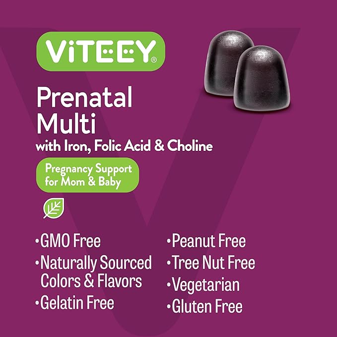 Viteey Prenatal Gummies for Women - Prenatal with Iron for Pregnancy with Choline &amp Folic Acid Gummies - Vegetarian Gluten Free - 120 Count