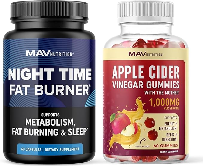MAV NUTRITION Night Time Fat Burner Capsules and Apple Cider Vinegar Gummies | Overnight Metabolism Booster for Stomach Fat Burning Support with Melatonin &amp ACV | 1 Month Supply
