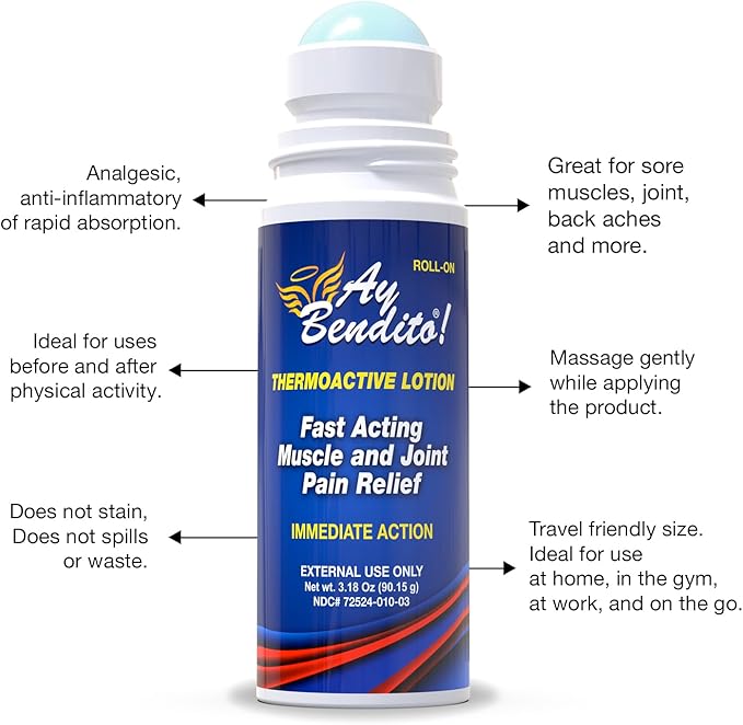 Ay Bendito! Thermoactive Lotion for Faster Pain Relief on Joints and Muscle Function - 3.18 oz Roll-on - Two Pack