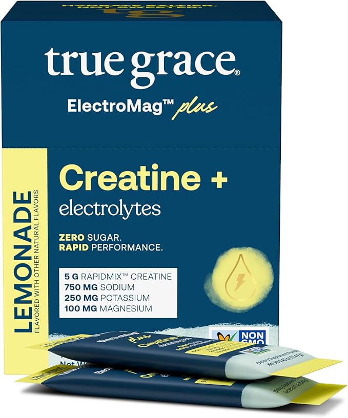 True Grace ElectroMag + Creatine Monohydrate - 16 Stick Packs - Lemonade - Electrolyte Powder for Rapid Performance - Sodium Potassium Magnesium Chloride - Zero Sugar - Non-GMO - 16 Servings