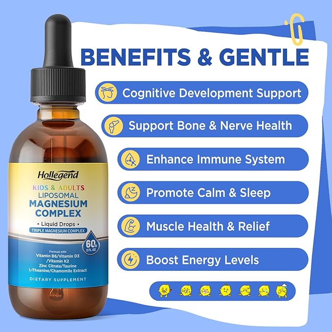 Liposomal Kids Magnesium Glycinate Drops Liquid Triple Magnesium Complex 400Mg for Adults with D3 &amp K2 B6 Zinc Taurine Theanine &amp Chamomile Muscle Relief Sleep Stress 120 Servings