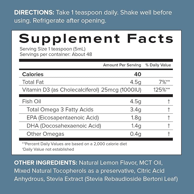 SFH Omega 3 Fish Oil Liquid 3400mg |EPA &amp DHA + 1000 IU Vitamin D3 | Lemon Flavor Liquid Fish Oil Supplement | Sustainably Sourced Alaskan Pollock | 8 fl oz