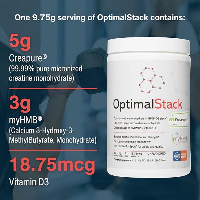 OptimalStack Creatine Monohydrate HMB &amp Vitamin D3 Stack | with Creapure Creatine Clinical Dosage of myHMB and Vitamin D3 | NSF for Sport Certified | Unflavored 30 Servings